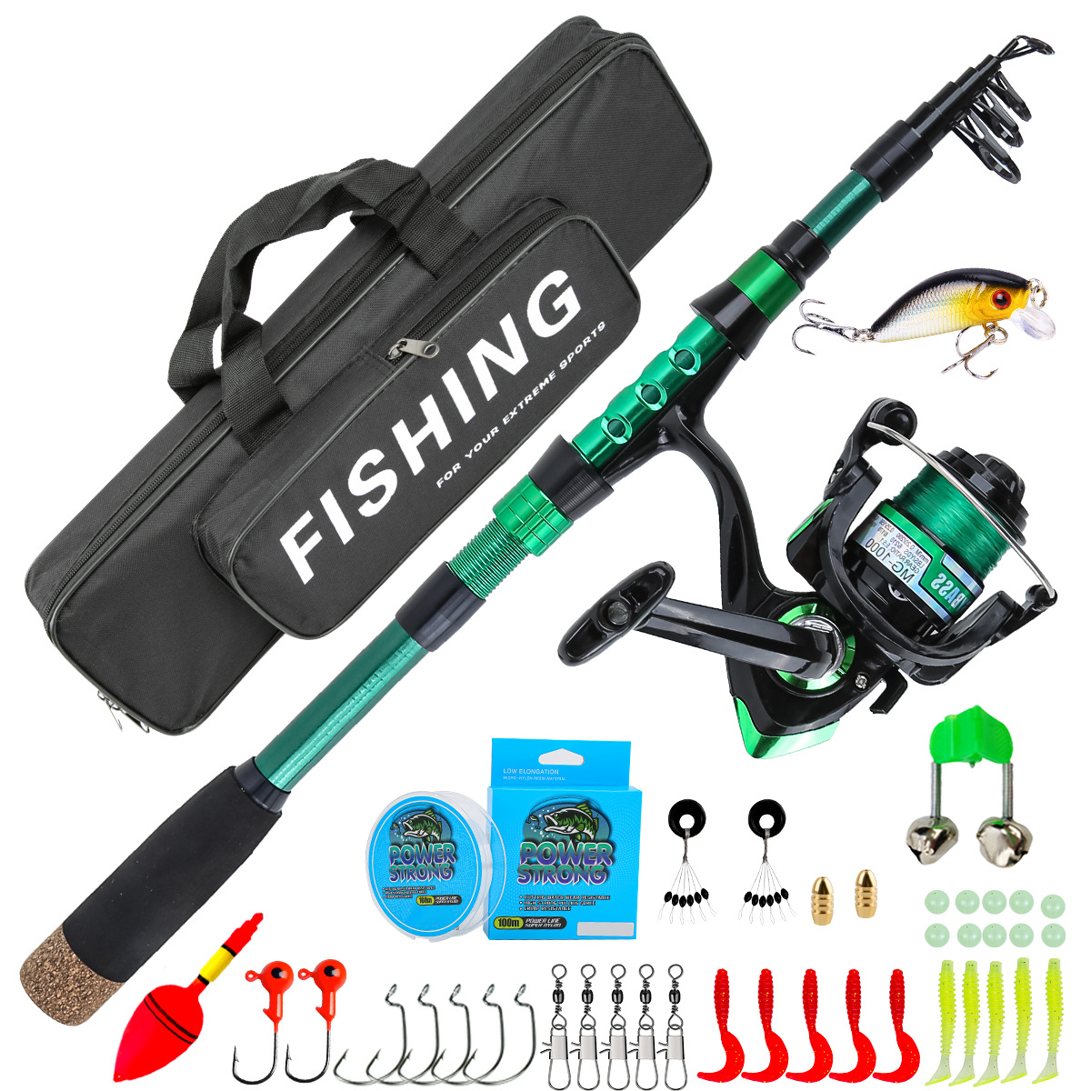 Fishing Line Box - 1.8-metrowy zielony teleskopowy zestaw wędkarski z